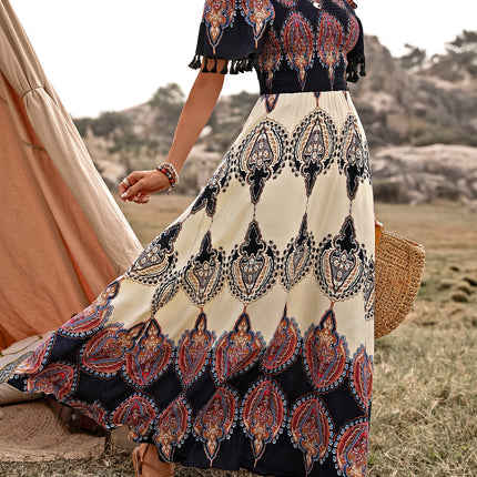 Honey Tassel Printed Off Shoulder Short Sleeve Dress