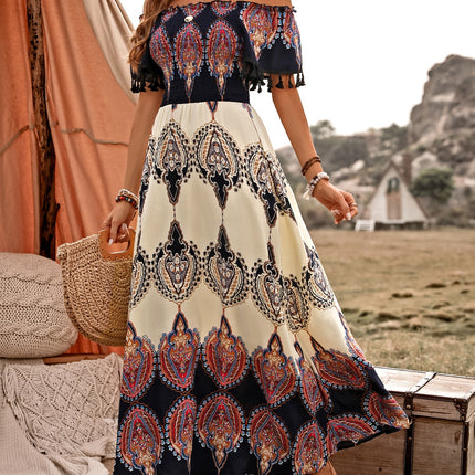 Honey Tassel Printed Off Shoulder Short Sleeve Dress