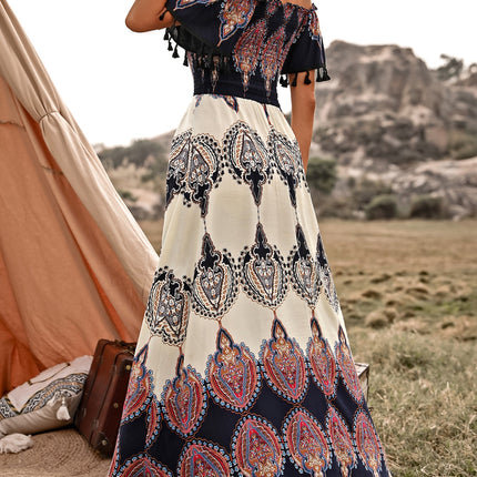 Honey Tassel Printed Off Shoulder Short Sleeve Dress