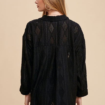 Annie Wear Openwork Button Down Drop Shoulder Shirt
